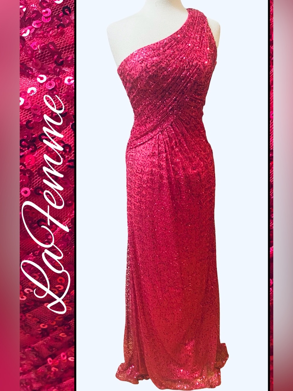 LaFemme Fuschia Pink Sequin long Gown Dress Evening New Tag 4